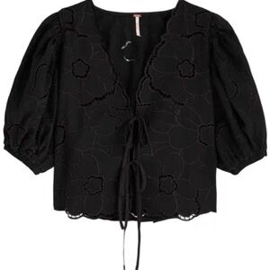 Free People Bali June Black Puff Sleeve Tie Front Blouse